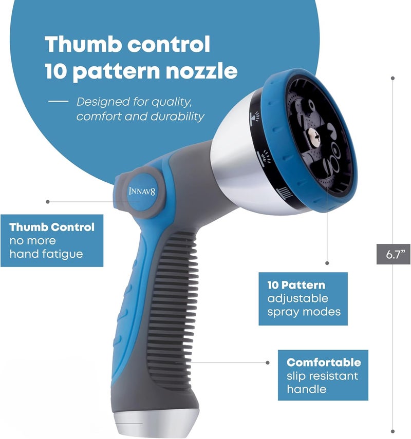 INNAV8 Garden Hose Nozzle Heavy Duty - Features 10 Spray Patterns, THUMB CONTROL On Off Valve Hose Sprayer Nozzle for Easy Water Control - Outdoor Water Hose Nozzle Head Attachment - Image 2